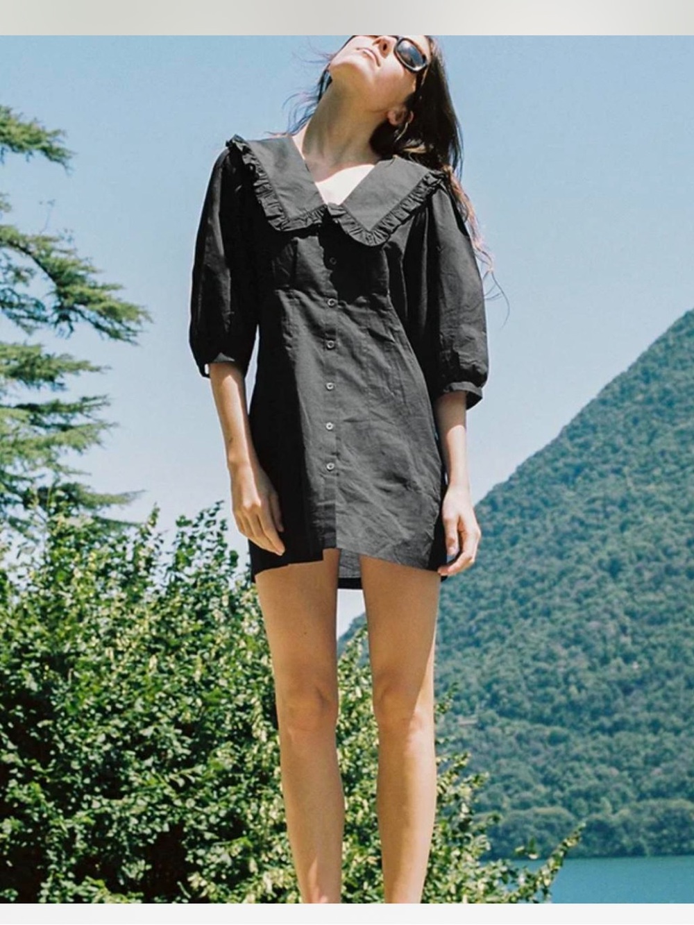 Ciao Lucia Black Midi Dress with Ruffled Collar